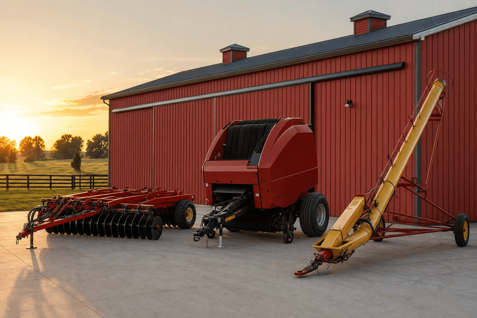 Farm implements lined up outside a barn
