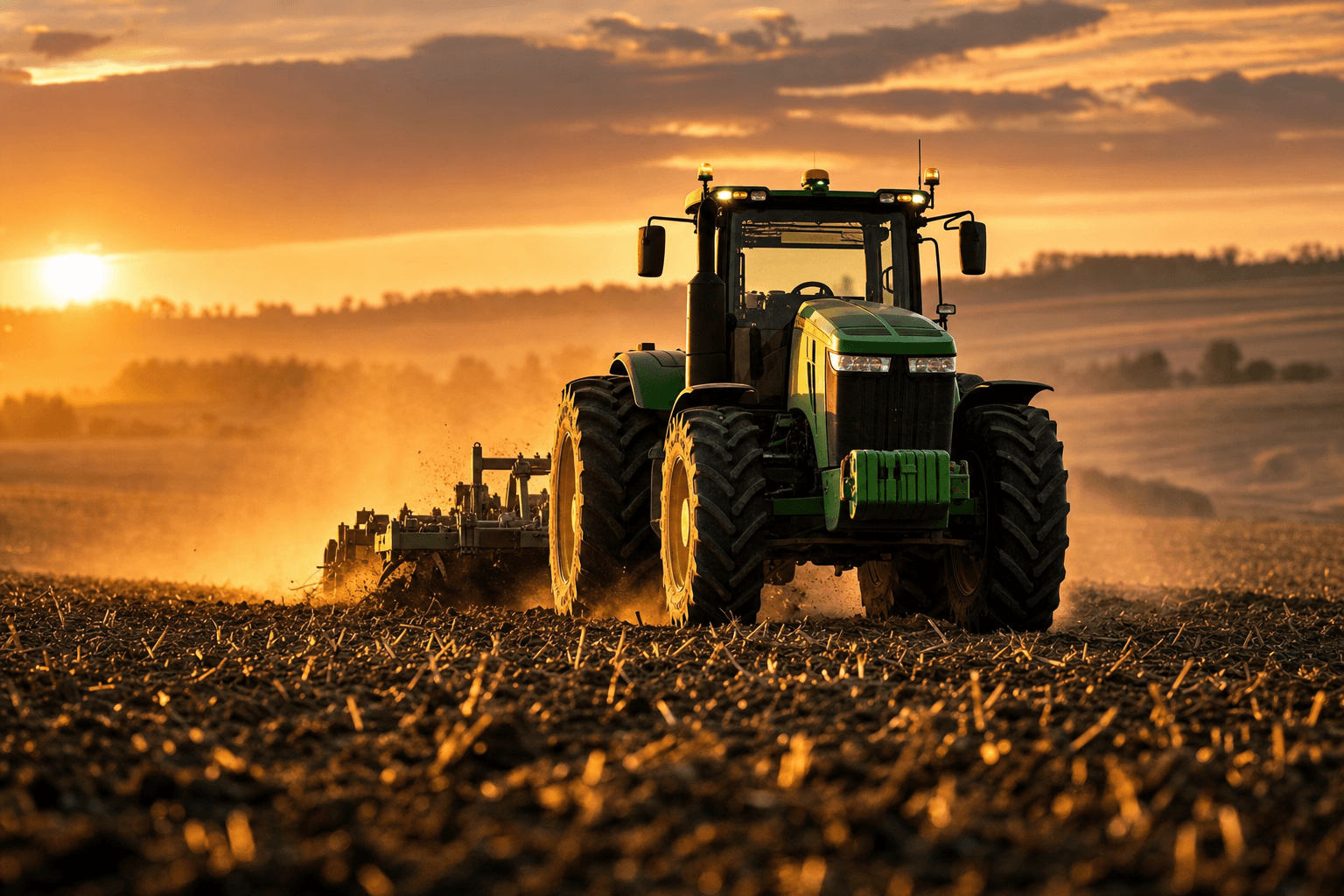 Tractor working a field at sunset